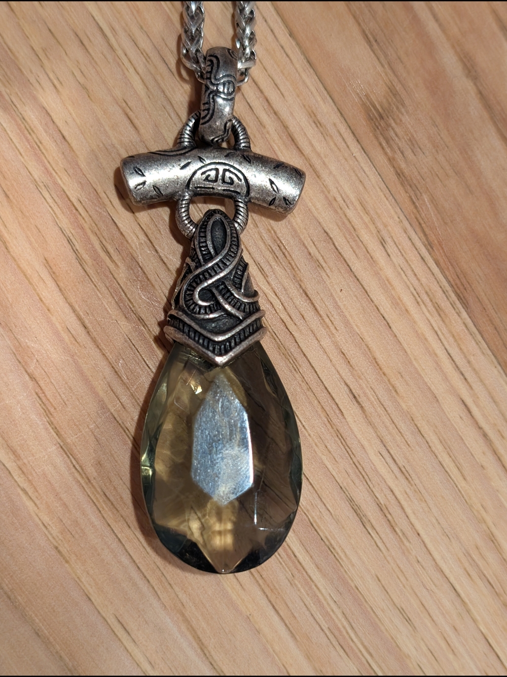 Silvertone Pendant Necklace with Pale Green Teardrop Crystal